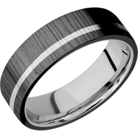 7mm wide Flat Black Zirconium Ring with Treebark 1 Finish / One 1mm Off Center 14k White Gold Inlay / 14k White Gold Sleeve
