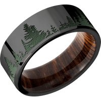 8mm wide Flat Black Titanium Ring with Polish Finish / Trees Design and Highland Green Cerakote Accents / Cocobolo Sleeve