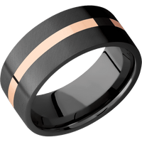 9mm wide Flat Black Titanium Ring with Angle Satin Finish / One 2mm Centered 18k Rose Gold Inlay with Polish Finish