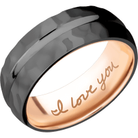 8mm wide Domed Center Concave Black Titanium Ring with Rock Polish Finish / 14k Rose Gold Sleeve / Hand Writing Interior Pattern