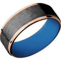 8mm wide Flat Grooved Edges Black Titanium Ring with Hammer Finish / Two 1mm Edge 14k Rose Gold Inlay with Polish Finish / Sea Blue Cerakote Sleeve