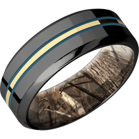 8mm wide High Bevel Black Titanium Ring with Polish Finish / One 1mm Centered 18k Yellow Gold Inlay with Polish Finish and Royal Blue Cerakote Accents / Kings Woodland Camo Sleeve