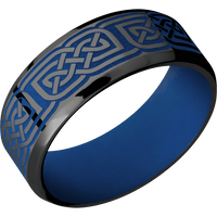 8mm wide Beveled Black Zirconium Ring with Polish Finish / Celtic 17 Design and Royal Blue Cerakote Accents / Royal Blue Cerakote Sleeve