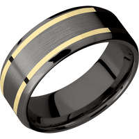 8mm wide Beveled Darkened Tantalum Ring with Satin Finish / Two 1mm Wide 14k Yellow Gold Inlay with Bead Blast Finish