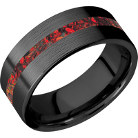 8mm wide Flat Black Titanium Ring with Satin Finish / One 2mm Centered Ruby Red Opal Inlay