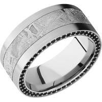 9mm wide Flat 14k White Gold Ring with Satin Finish / Side Eternity Round .01 carat Black Diamond Bead Channel-Set Gemstones / One 5mm Centered Meteorite Inlay