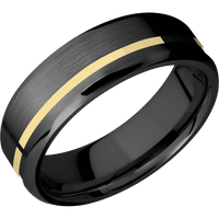 7mm wide Beveled Black Zirconium Ring with Satin Finish / One 1mm Off Center 14k Yellow Gold Inlay with Polish Finish