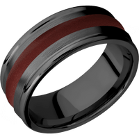 9mm wide Domed Rounded Edges Black Titanium Ring with Satin Finish / One 3mm Centered Crimson Cerakote Inlay / Black Cerakote Sleeve