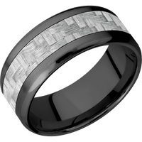 9mm wide Beveled Black Titanium Ring with Bead Blast Finish / One 5mm Centered Silver Texalium Inlay