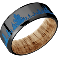 8mm wide Beveled Black Titanium Ring with Polish Finish / Trees Design and Sea Blue Cerakote Accents / Natural Oak Sleeve