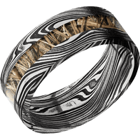 8mm wide Flat Marble Damascus Steel Ring with Tumble Kuro Damascus Finish / One 3mm Centered MossyOak SG Blades Camo Inlay