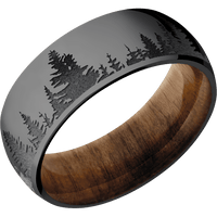 8mm wide Domed Black Titanium Ring with Polish Finish / Trees Design and Dark Grey Cerakote Accents / Teak Sleeve