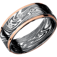 8mm wide Flat Grooved Edges Kinetic Damascus Steel Ring with Tumble Kuro Damascus Finish / Two 1mm Edge 14k Rose Gold Inlay with Polish Finish / 3 Round .03 carat Standard Lab Grown Diamond Bezel-Set Gemstones