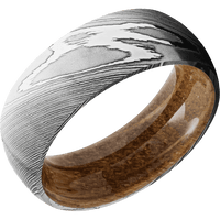 8mm wide Domed Damascus Steel Ring with Polish Damascus Finish / Whiskey Barrel Sleeve