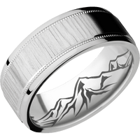 8mm wide Flat Stepped Edges Milgrain Titanium Ring with Treebark 1 Finish / Mountain 2 Interior Pattern