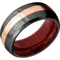 10mm wide Domed Bevel Black Titanium Ring with Hammer Finish / One 3mm Centered 14k Rose Gold Inlay with Hammer Finish / Blood Wood Sleeve
