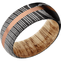 9mm wide Domed Bevel Damascus Steel Ring with Acid Damascus Finish / One 2mm Centered 14k Rose Gold Inlay with Sand Blast Finish / Natural Oak Sleeve