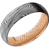 6mm wide Domed Tightweave Damascus Steel Ring with Tumble Kuro Damascus Finish / 14k Rose Gold Sleeve / None Interior Pattern