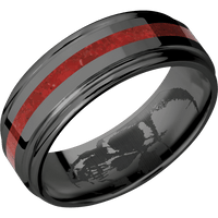 8mm wide Flat Rounded Edges Black Titanium Ring with Polish Finish / One 2mm Centered Coral Inlay / None Interior Pattern