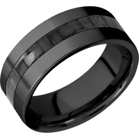 8mm wide Flat Black Titanium Ring with Machine Finish / One 3mm Centered Black Carbon Fiber Inlay