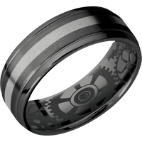 7mm wide Stepped Bevel Black Titanium Ring with Satin Finish / One 2mm Centered Palladium Silver Inlay with Sand Blast Finish / None Interior Pattern