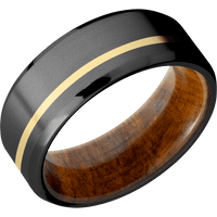 8mm wide Beveled Black Zirconium Ring with Bead Blast Finish / One 1mm Off Center 18k Yellow Gold Inlay with Bead Blast Finish / Desert Iron Wood Sleeve
