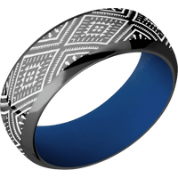 8mm wide Domed Bevel Black Zirconium Ring with Polish Finish / Aztec 1 Design and Snow White Cerakote Accents / Royal Blue Cerakote Sleeve