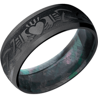 8mm wide Domed Black Zirconium Ring with Bead Blast Finish / Claddagh Celtic Design and Dark Grey Cerakote Accents / Black Mother of Pearl Sleeve