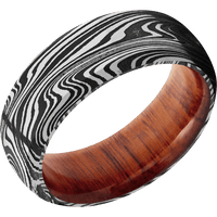 8mm wide Domed Bevel Marble Damascus Steel Ring with Tumble Kuro Damascus Finish / Pernambuco Sleeve