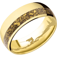 8mm wide Domed 14k Yellow Gold Ring with Polish Finish / One 3mm Off Center 24k Raw Gold Nugget Inlay / Fly Fishing Interior Pattern