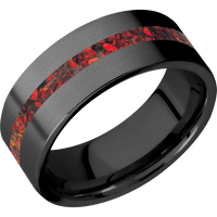 8mm wide Flat Black Zirconium Ring with Bead Blast Finish / One 2mm Centered Ruby Red Opal Inlay