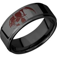 8mm wide Flat Grooved Edges Black Titanium Ring with Polish Finish / Skull Design and Crimson Cerakote Accents