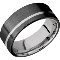 8mm wide Flat Black Zirconium Ring with Satin Finish / One 1mm Off Center 18k White Gold Inlay with Satin Finish / 18k White Gold Sleeve