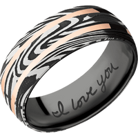 8mm wide Domed Sunset Damascus Steel Ring with Tumble Kuro Damascus Finish / Two 1mm Centered 14k Rose Gold Inlay with Polish Finish / Black Titanium Sleeve / Hand Writing Interior Pattern