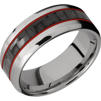 8mm wide Beveled Titanium Ring with Satin Finish / One 3mm Centered Black Carbon Fiber Inlay and Red Apple Cerakote Accents