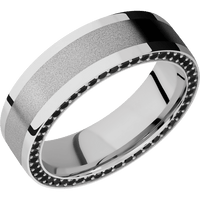 7mm wide Flat Platinum Ring with Polish Finish / Side Eternity Round .01 carat Black Diamond Bead Channel-Set Gemstones / One 4mm Centered Platinum Inlay with Sand Blast Finish