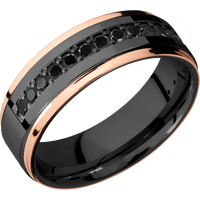 7mm wide Flat Grooved Edges Black Titanium Ring with Polish Finish / Two 1mm Edge 18k Rose Gold Inlay with Polish Finish / Half Eternity Round .03 carat Black Diamond Bead-Set Gemstones