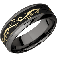 8mm wide High Bevel Darkened Tantalum Ring with Sand Blast Finish / One 4mm Centered 14k Yellow Gold Inlay with Satin Finish / Vine Inlay Design