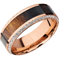 8mm wide High Bevel 14k Rose Gold Ring with Polish Finish / Bevel Eternity Round .01 carat Lab Grown Diamond Bead-Set Gemstones / One 4mm Centered Desert Iron Wood Inlay