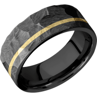 8mm wide Flat Black Titanium Ring with Rock Finish / One 1mm Off Center 14k Yellow Gold Inlay