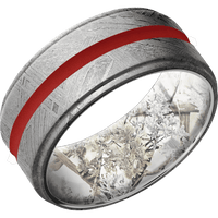 10mm wide Flat Grooved Edges Meteorite Ring / One 2mm Centered USMC Red Cerakote Inlay / Kings Snow Camo Sleeve