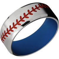 8mm wide Beveled Titanium Ring with Satin Finish / Baseball Design and Red Apple Cerakote Accents / Royal Blue Cerakote Sleeve