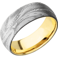 8mm wide Domed Tightweave Damascus Steel Ring with Bead Blast Kuro Damascus Finish / 18k Yellow Gold Sleeve