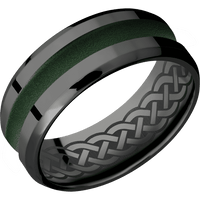 8mm wide Beveled Black Titanium Ring with Polish Finish / One 3mm Centered Highland Green Cerakote Inlay / Celtic 9 Interior Pattern