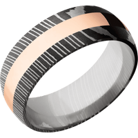 8mm wide Domed Damascus Steel Ring with Acid Damascus Finish / One 3mm Centered 14k Rose Gold Inlay with Polish Finish