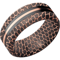 9mm wide High Bevel Darkened Superconductor Ring with Satin Etched Superconductor Finish / One 3mm Centered Black Titanium Inlay with Bead Blast Finish / One 1mm Centered 18k Rose Gold Inlay with Bead Blast Finish