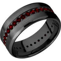 9mm wide Beveled Black Titanium Ring with Satin Finish / Eternity Round .03 carat Dark Ruby Bead-Set Gemstones