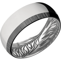 8mm wide Domed Titanium Ring with Polish Finish / One 2mm Off Center Edge Black Zirconium Inlay with Treebark 1 Finish / Feather Interior Pattern