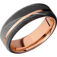 7mm wide Beveled Damascus Steel Ring with Acid Damascus Finish / One 1mm Off Center 14k Rose Gold Inlay with Satin Finish / 14k Rose Gold Sleeve