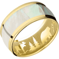 10mm wide Domed Milgrain Edges 18k Yellow Gold Ring with Polish Finish / One 7mm Centered Freshwater Mother of Pearl Inlay / None Interior Pattern